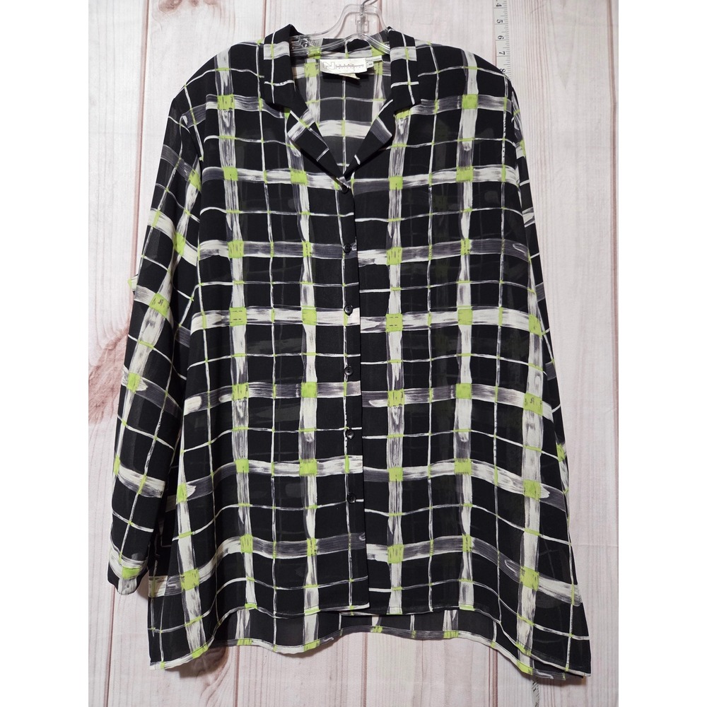 Nygard‎ Collection Blouse 16 Black Lime Green Sheer Chiffon Plaid Button Up Top